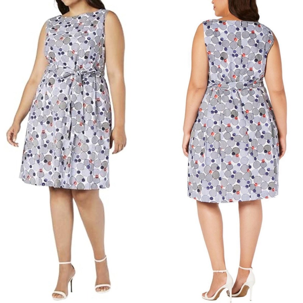 Anne Klein Floral Geometric Striped Eyelet Belted Fit and Flare‎ Dress 14W NWT